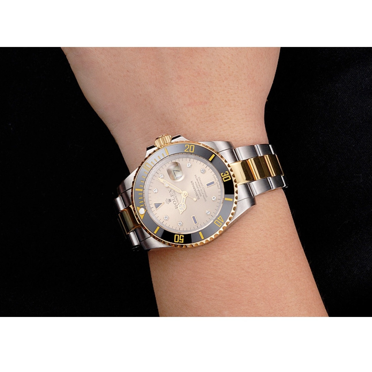 Rolex aaa copy Steel Tone Diamond Dial Gold Swiss Gold Black Bezel Markings Bracelet Submariner Rolex Two 0729